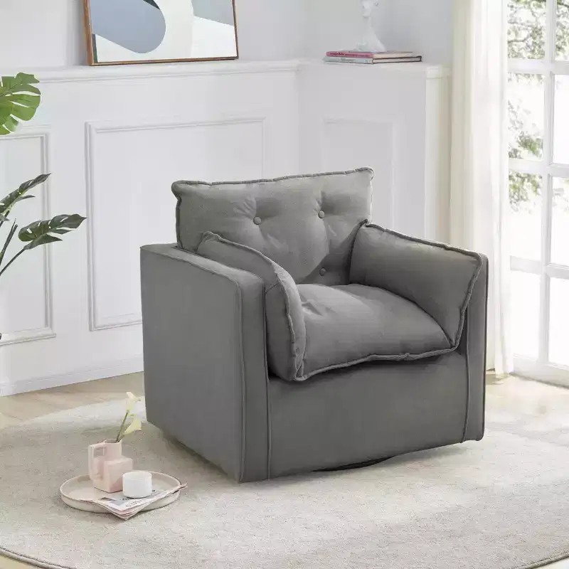 Oversized Swivel Accent Chair, Mid Century Comfy Accent Sofa, Modern Linen Fabric Barrel Armchair, Metal Base, No Assembly, for Living Room