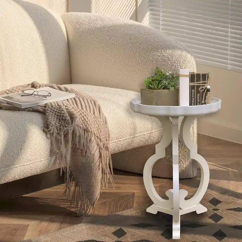 Natural Wood Round Side Table, Scalloped Tray Top, Curved Legs, Single