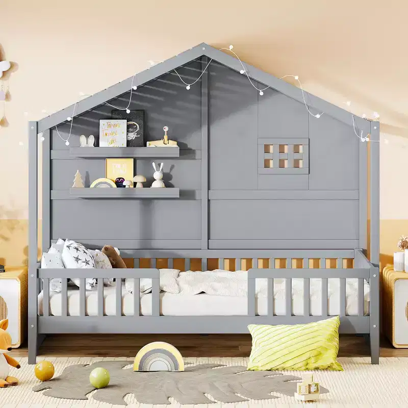 Twin Size House Bed with Storage Shelves, Rails, Window & Sparkling Light Strip, Wood Montessori Kids Bed