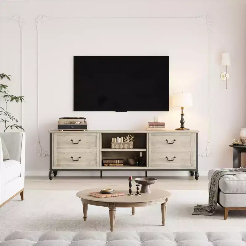 TV Console with Storage, Mid-Century Modern TV Unit with 4 Metal Roman Columns and 4 Drawers for Living Room