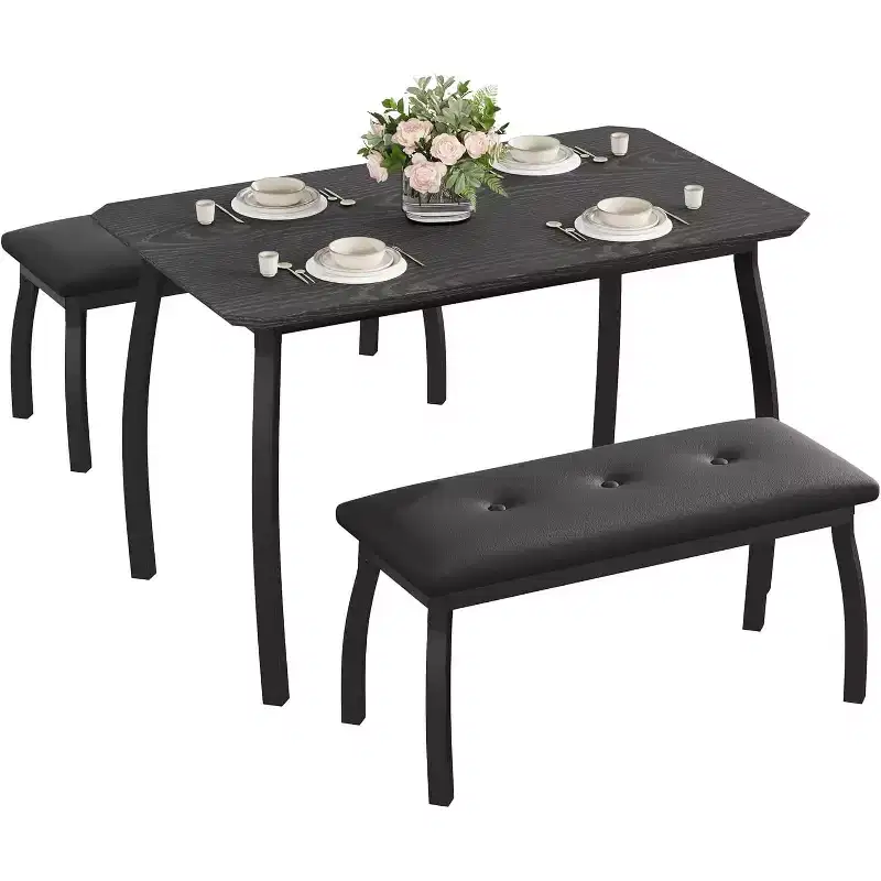 CuisinSmart Dining Table Set for 4, Kitchen Table with 2 Upholstered Bench, 3 Piece Dining Furniture Set for Small Space