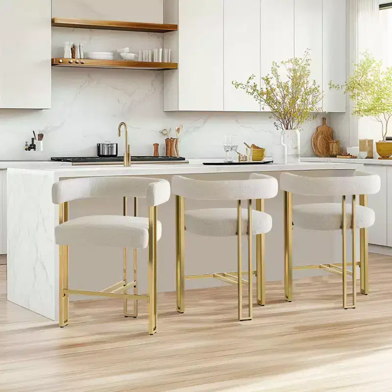 Set of 3 Counter Height Bar Stools with Backs and Arms, Modern Chenille Upholstered Kitchen Island Chairs with Gold Metal Legs - Panipeachy