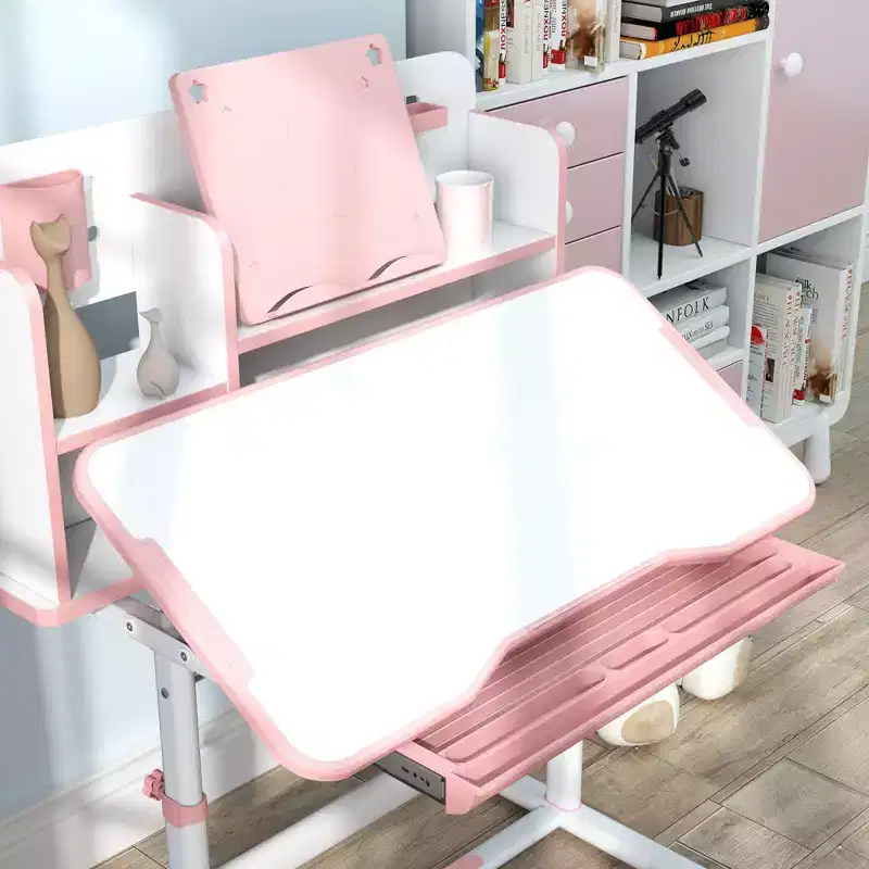 Qaba Kids Desk and Chair Set, Height Adjustable Kids School Study Desk and Chair Set with Tilt Desktop, Storage Drawer and Reading Rack, Pink