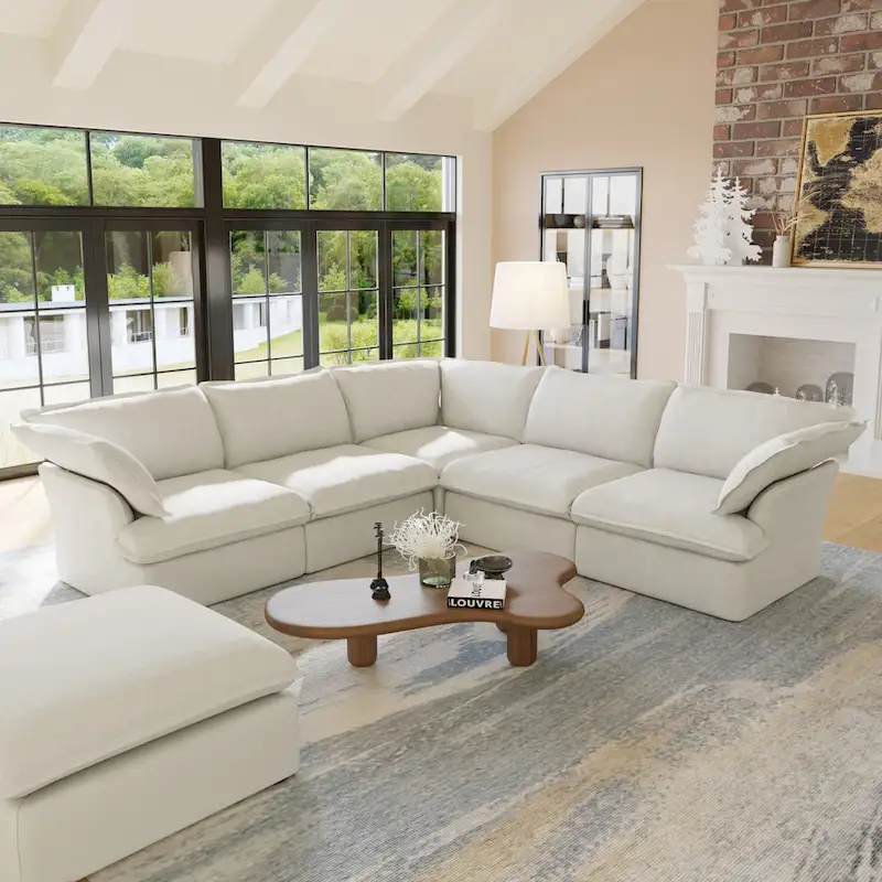 L-shape Linen Sofa Modern Upholstered Sectional Sofa with Ottoman