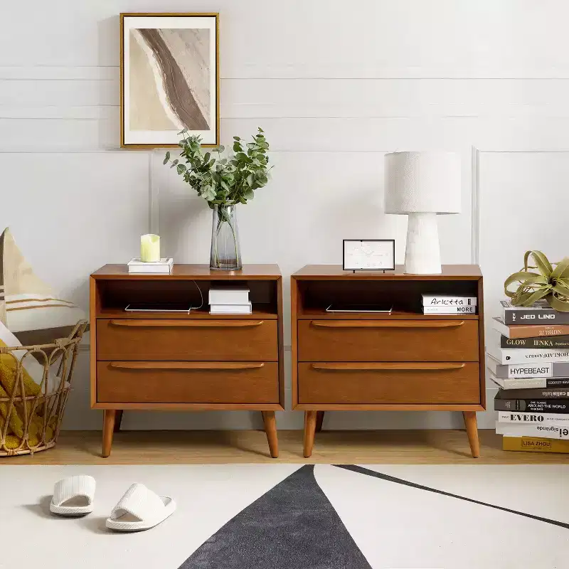 Margery Mid-century Modern 2 - Drawer end table with Built-In Outlets and Cable Management and Open Shelf Set of 2| HULALA HOME