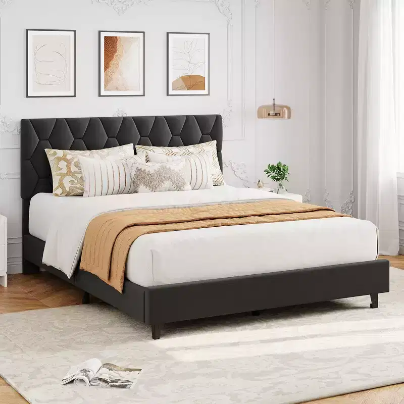 Upholstered Platform Bed  Adjustable Headboard, Wooden Slats, No Box Spring Needed, Choose Size & Color