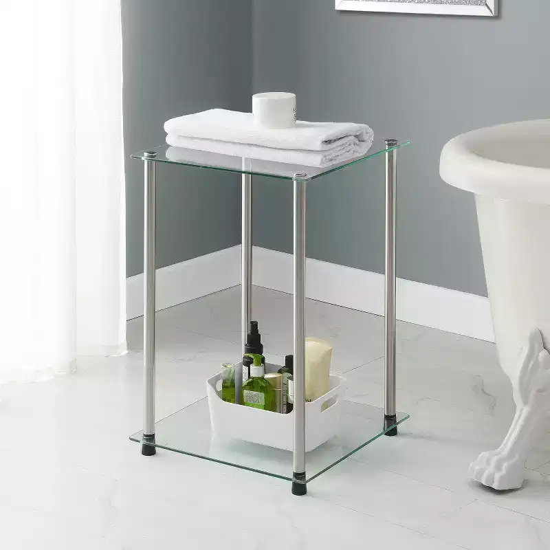 2-Tier Square End Table with Tempered Glass Shelves & Stainless Steel Frame, Modern Accent Side Table