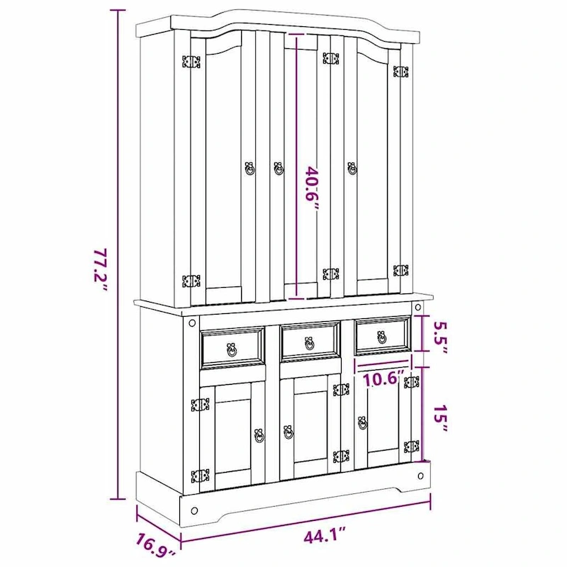 vidaXL Highboard, 44.1x17x77.2 Inches, White and Natural Finish Top - 44.1 x 16.9 x 77.2