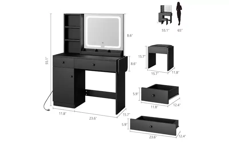 Makeup Vanity Desk with Mirror and Lights, Vanity Table Set with Drawer & Power Outlet & Chair & 3 Shelves, Bedroom