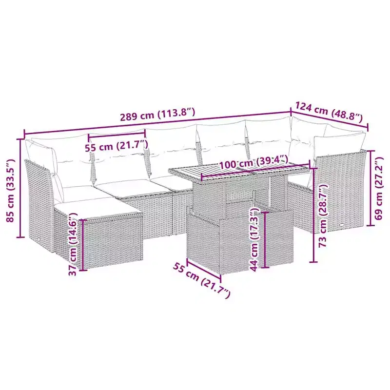 vidaXL Garden Sofa Set Black PE Rattan Large Adjustable Feet