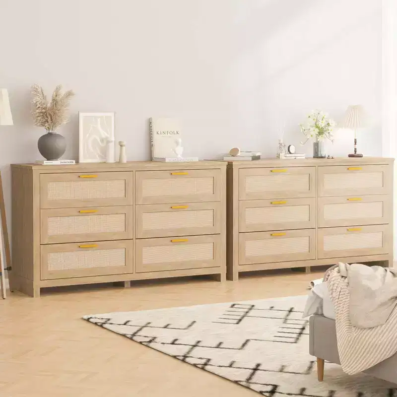 6 Drawer Rattan Dresser for Bedroom, Boho Modern Wood Dressers Chest with Ample Storage, 6-Drawer Chest of Drawers for Closet & Living Room, Natural