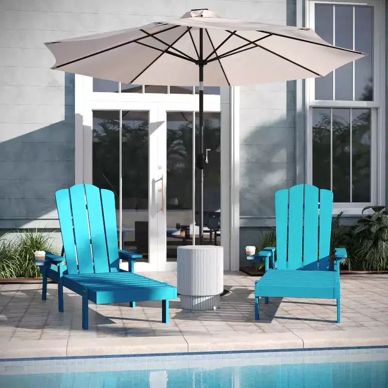 Emma and Oliver Set of 2 Recycled HDPE Adjustable Adirondack Loungers with Fold Out Cupholders for Indoor/Outdoor Use