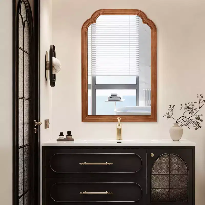 24 x 36 Solid Wood Frame Rounded Corner Decorative Mirror for Bedroom, Bathroom, Living Room, Yellowish Brown