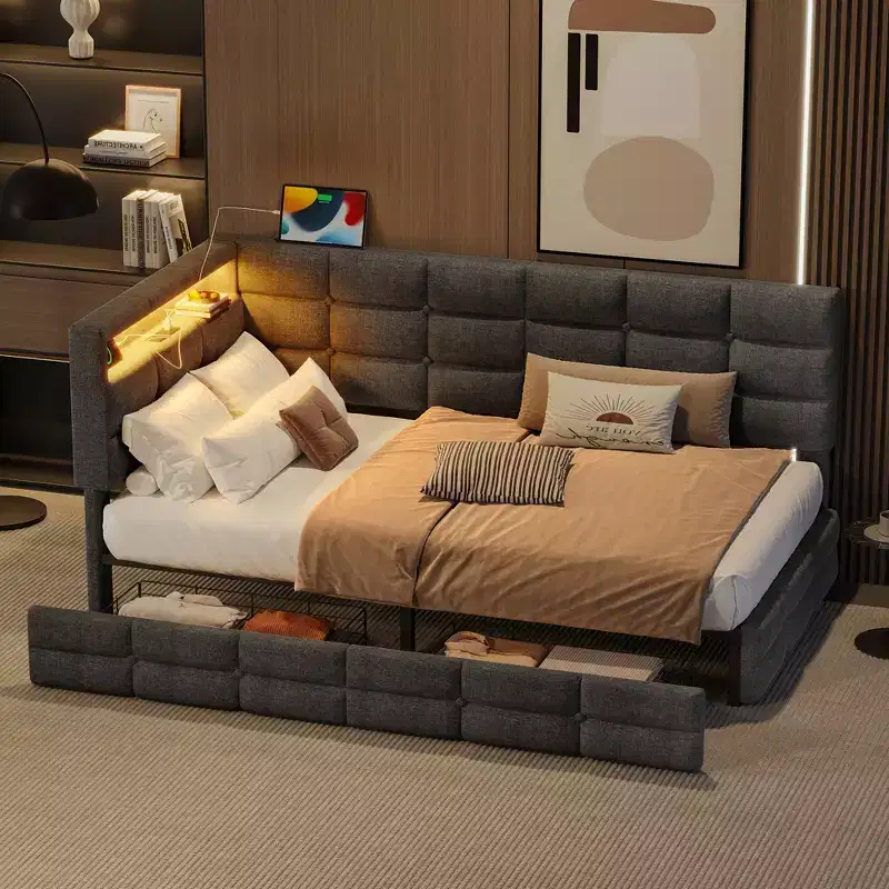 Upholstered Twin Size Daybed with 2 Drawers and Charging Station, L-shaped Corner with LED Lights and Storage Headboard