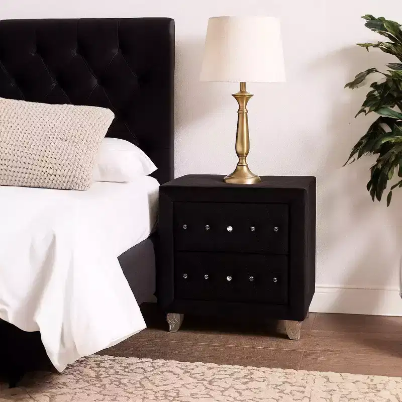 Glam Black Velvet Nightstand with 2 Drawers and Crystal Knobs