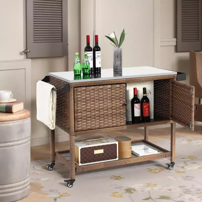 Bar Serving Cart Outdoor Wicker Wine and Beverage Storage with Stainless Steel Top for Patio, Brown, 47.24x20.12x35.04