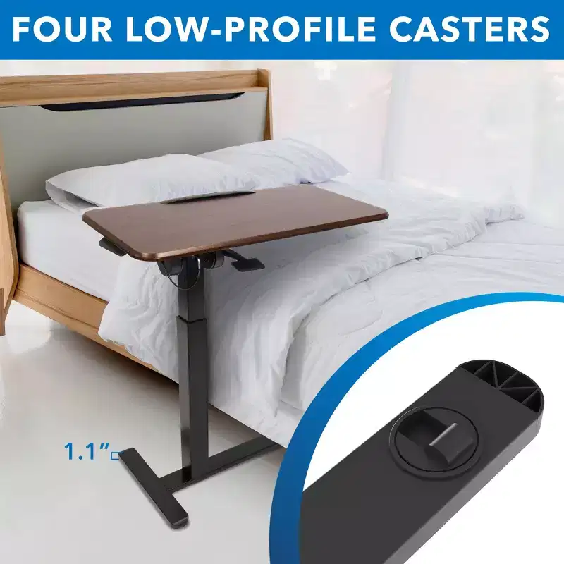 Height Adjustable Overbed Desk and Table with Tilting Tabletop Overbed Medical Table with Wheels Dark Walnut