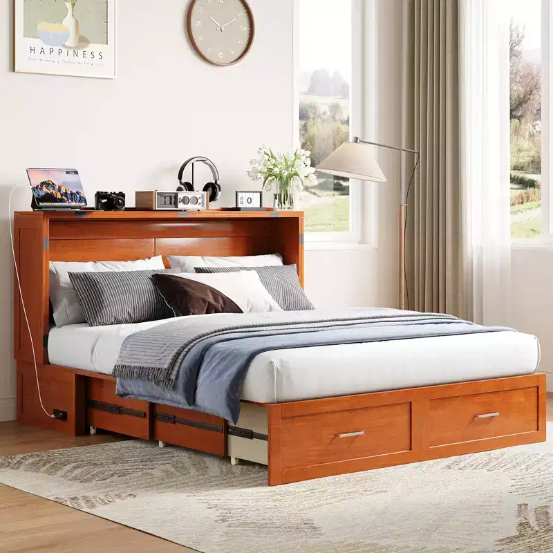 Murphy Bed Cabinet with Foldable Mattress, Queen Murphy Bed with Charging Station, Drawers