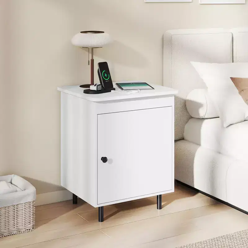 Mid-Century Modern Nightstand with Door and Heavy-Duty Metal Legs for Bedroom