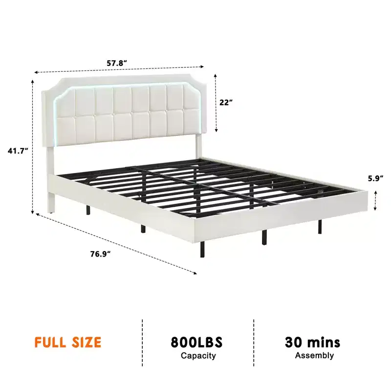 Floating Bed Frame with RGB LED Lights - Upholstered Platform Bed with Adjustable Tufted Headboard