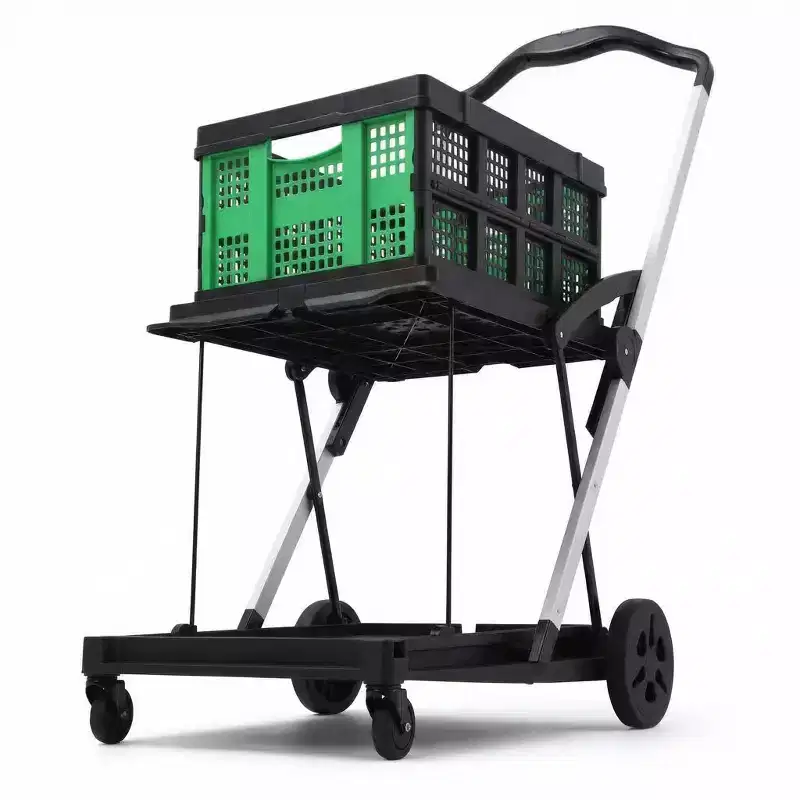 Collapsible Shopping Cart with 1 Storage Crate, Foldable Grocery Cart On Wheels