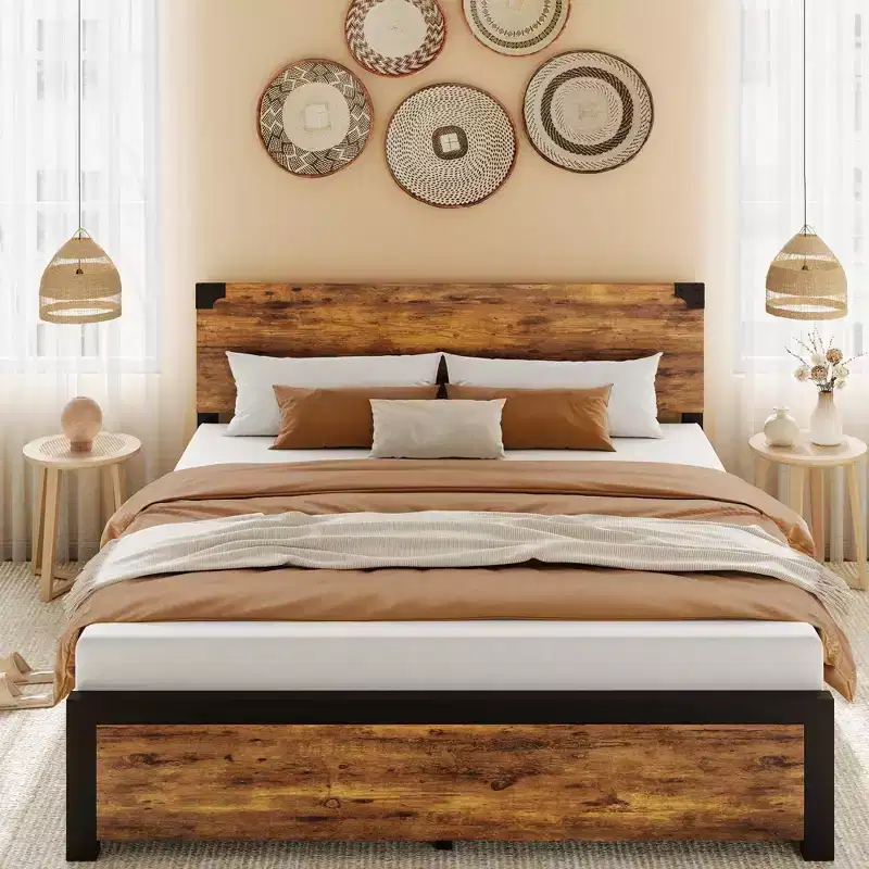 Platform Bed Frame with Headboard & 4 Storage Drawers, Sturdy Quiet Metal Platform Bed Frame