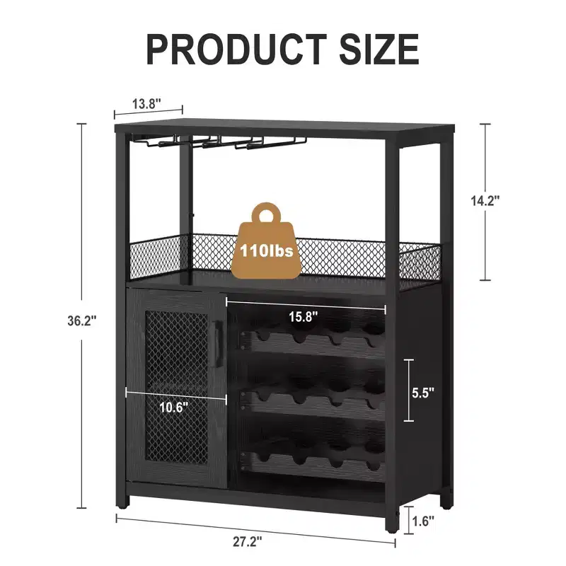 Wine Bar Cabinet with Wine Rack&Glass Holder, Modern Wine Cabinet with Mesh Door, Industrial Sideboard Buffet Cabinet for Home Bar