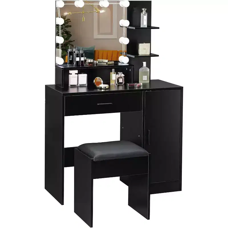 with Mirror and Lights, Makeup Vanity with Drawers and Stool for Bedroom, Black