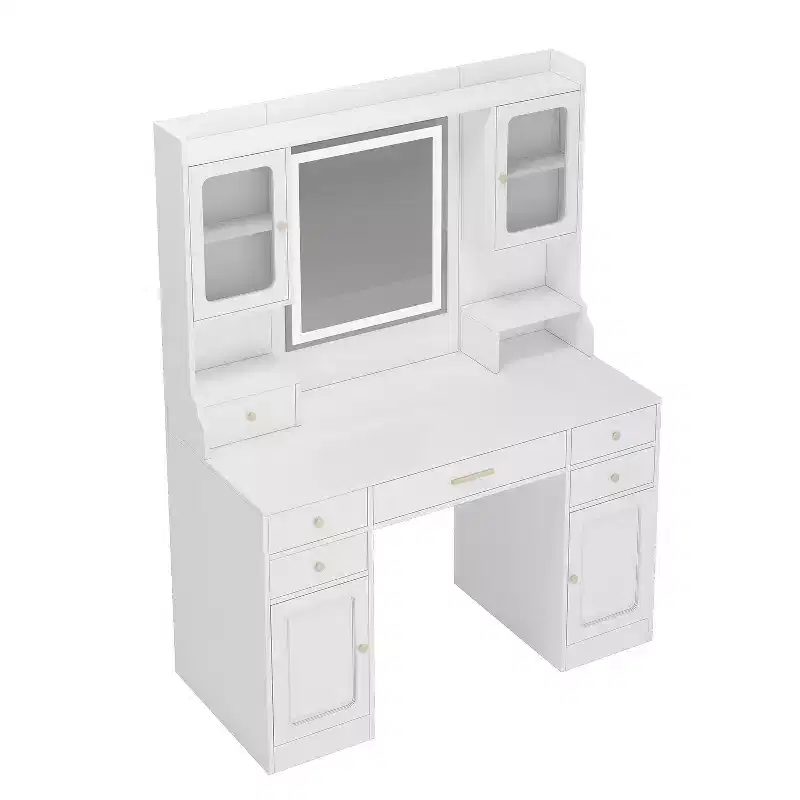 Makeup Vanity Desk with Mirror, 6 Drawers & Shelves, White