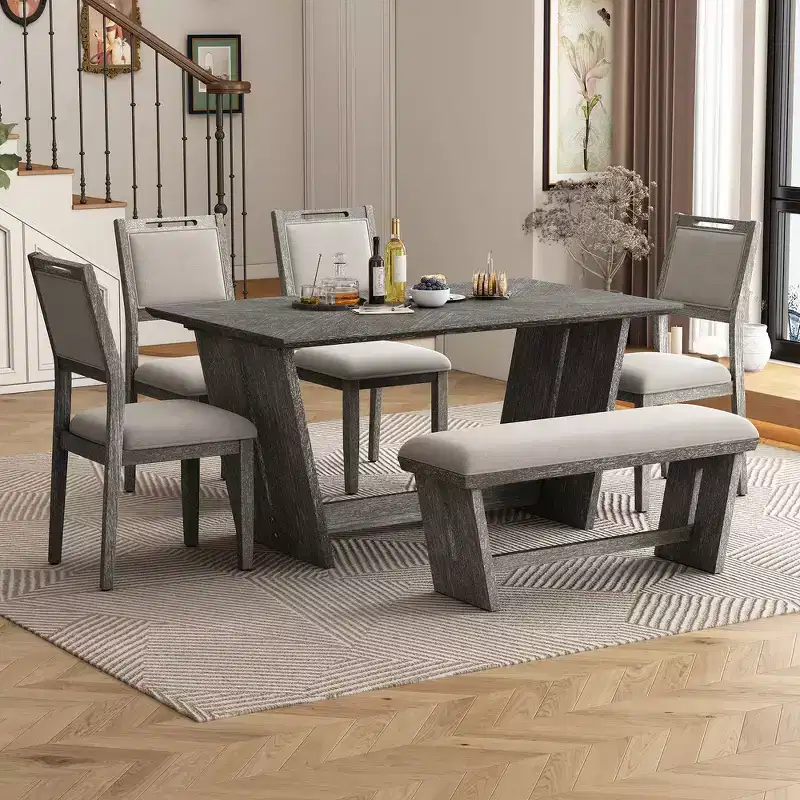 Whisen 6-Piece Retro Kitchen Dining Table Set for 6, Wood Kitchen Table and Chairs Set with Bench, Trestle Base, Soft Cushion