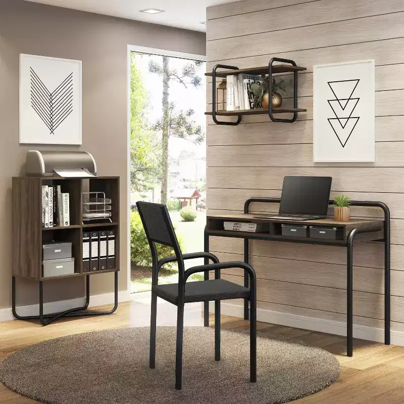 TUYOHW Modern Classic Writing Desk,Wooden Office Desk with 2 Open Shelves,Walnut Desktop,Black Steel Frame,Industrial Computer Desk for Home Office