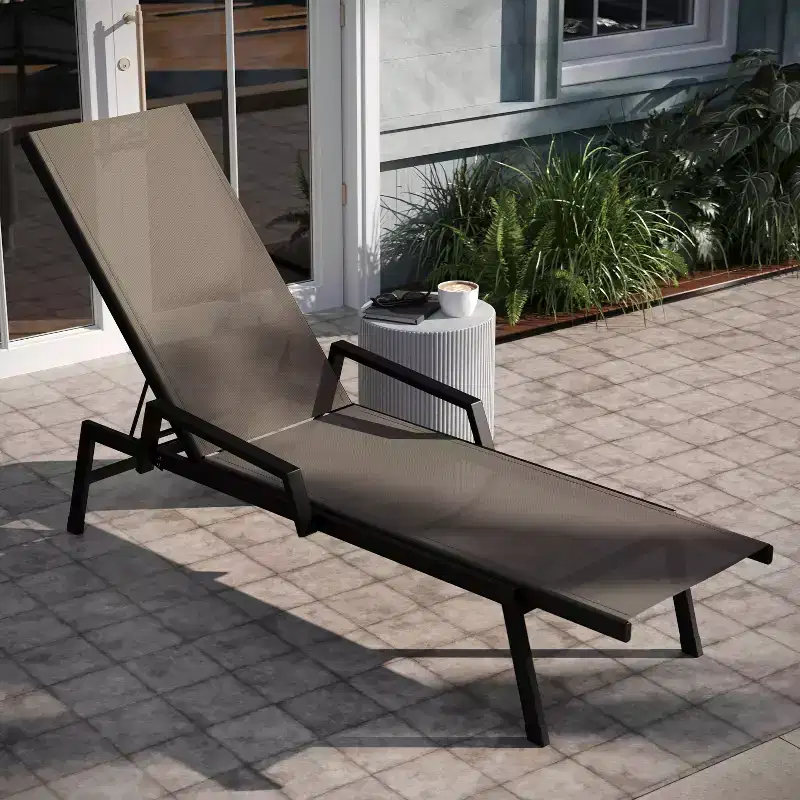 Emma and Oliver Textilene Adjustable 5 Position Patio Chaise Lounge with Armrests and Metal Frame