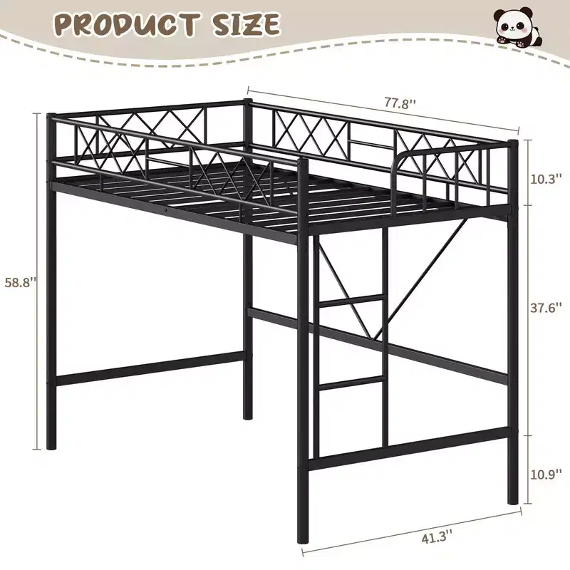 Loft Bed Twin Size for Teens & Adults Metal Loft Frame with Safety Guardrail & Flat Ladder Rung Heavy Duty Steel Slats Space Saving Design