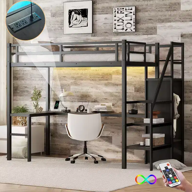 Metal High Loft Bunk Bed with L-Shaped Desk, USB, Wardrobe & LED, for Adults Teens Kids