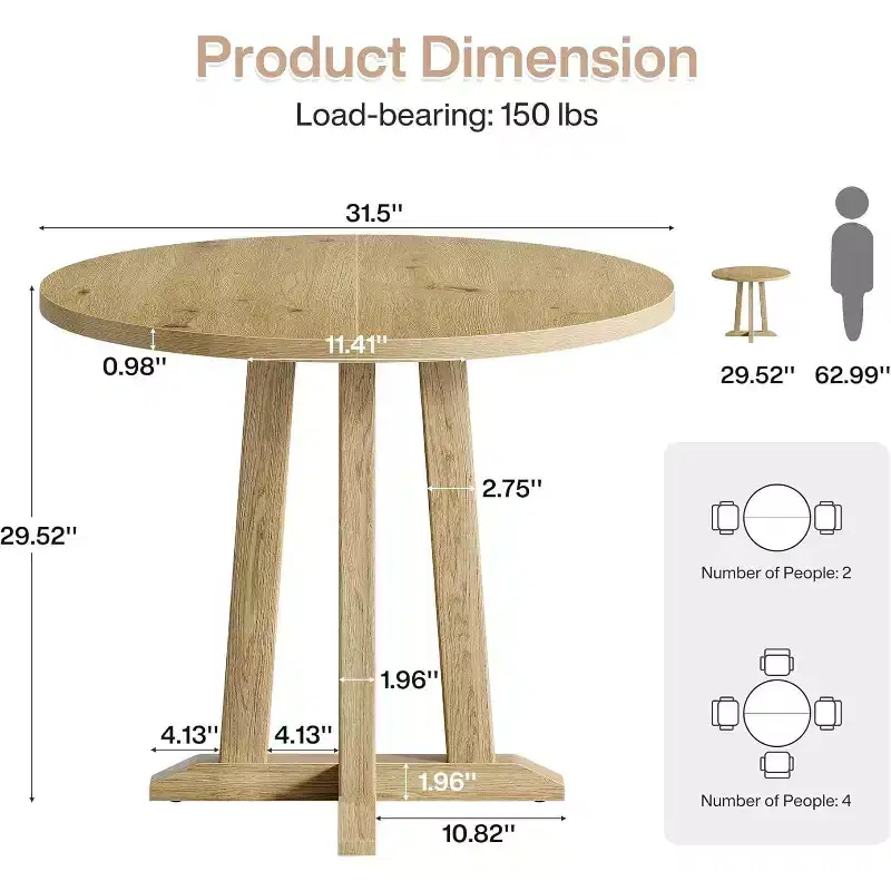 Lantine 31.5-Inch Round Dining Table for 2-4, Farmhouse Small Kitchen Table with Sturdy & Unique Base for Dining Room, Small Space,Oak