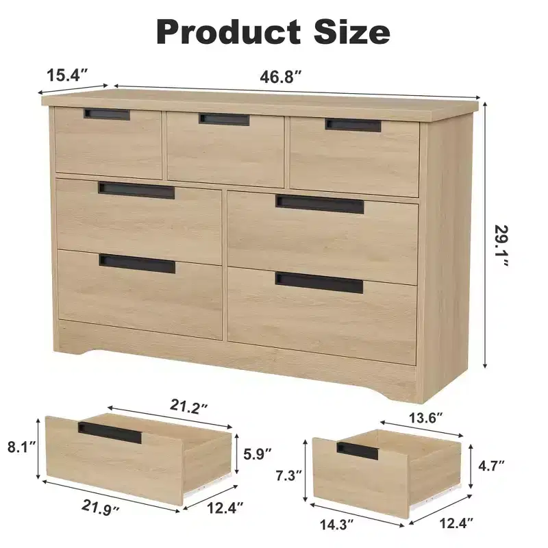 46.8 Natural Wood 7 Drawer Dresser, Modern Double Chest with Embedded Handles for Bedroom Living Room