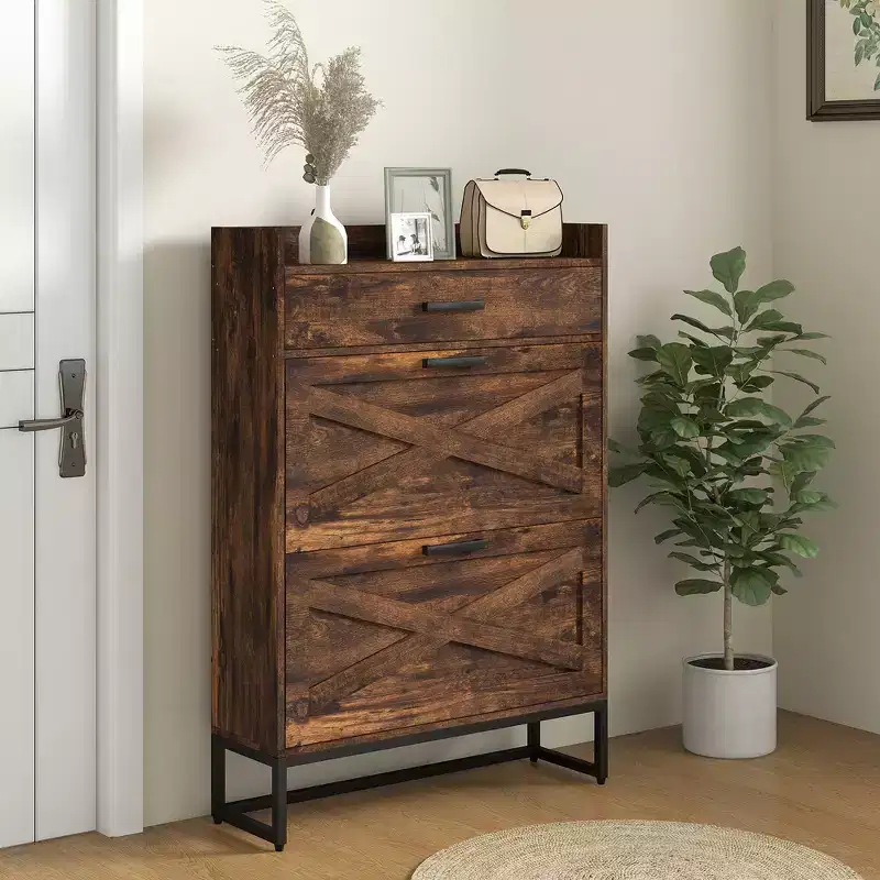 Slim Shoe Cabinet, Industrial Entryway Shoe Storage Cabinet with 2 Flip Drawers, Adjustable Shelves, Top Drawer for 12 Pairs