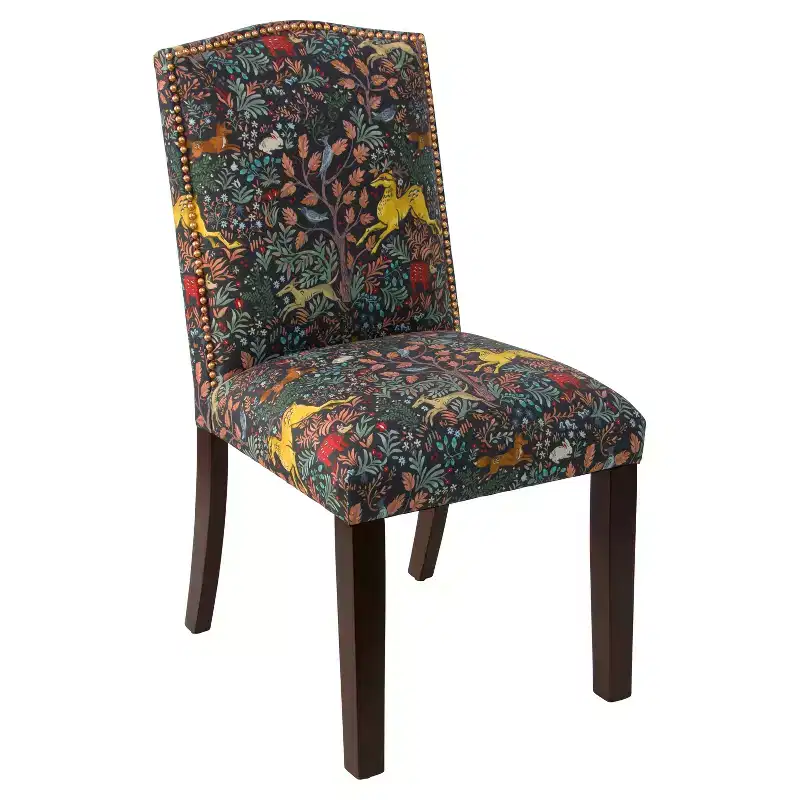 Navy Nail Button Patterned Dining Chair – Linen-Cotton Blend, Camel Back, Tapered Wood Legs