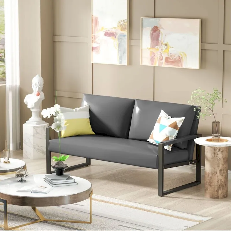 Mieres Mid-Century Style Faux Leather Loveseat Sofa with Steel Frame