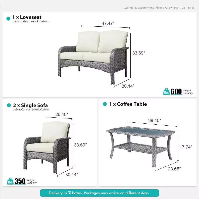 HOMLUX 4 PCS Patio Conversation Set Outdoor Wicker Rattan Chairs & Sofa Set, All Weather, High Back