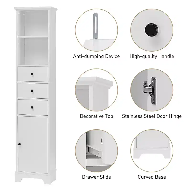 Tall Bathroom Cabinet with 3 Drawers and Adjustable Shelves