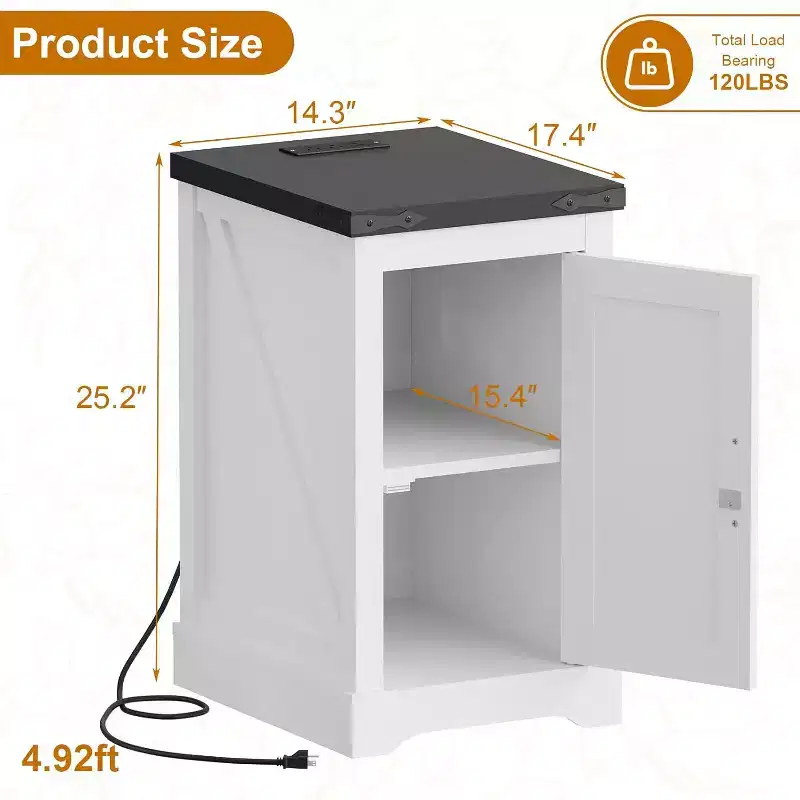 Industrial Nightstand with Charging Station, Farmhouse Bedside Table for Modern Bedroom, USB Ports & AC Outlets