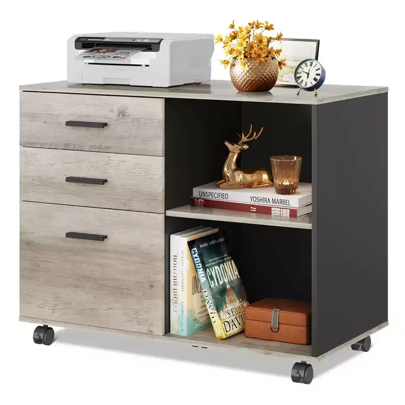 GALAXHERO 3-Drawer Mobile File Cabinet Wood Lateral Filing Cabinet with Open Shelves Printer Stand for Home Office Organization