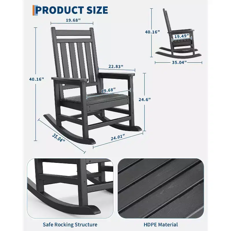 Outdoor Rocking Chair, Poly High Back Porch Rocker Chairs for Adults, All Weather Resistant Furniture for Patio & Front Porch
