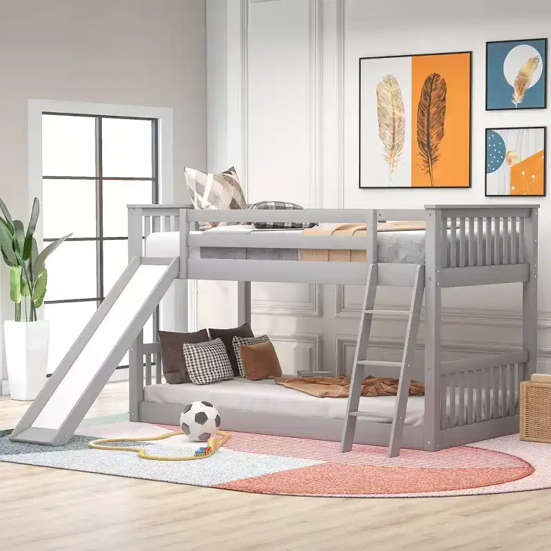 Kids Floor Bunk Beds, Twin over Twin Bunk Bed with Convertible Slide, Wooden Low Bunk Bed Frame for Toddlers Teens