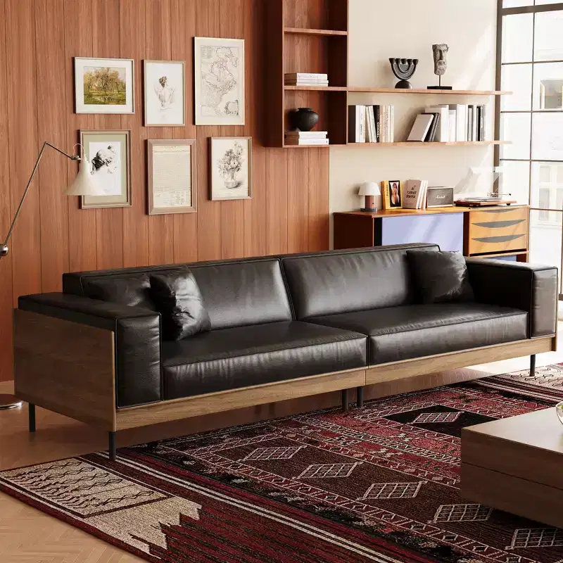 98.42 Mid-Century Modern Faux Leather Sofa - Extra Large 4-Seater with Wood Backing & 2 Pillows Gaoyangjiaju