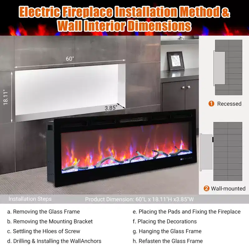60in Electric Fireplace, In-Wall Recessed Fireplace Heater with Remote, 12 Flame Colors, 1500W, 5120 BTU, Touch Screen & App Control