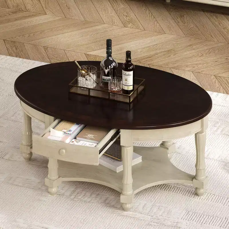 French Vintage Country Oval Coffee Table with Drawer and Lower Storage Shelf for Living Room