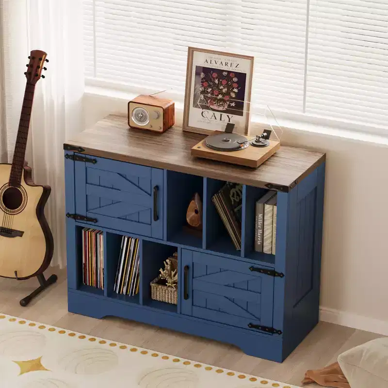 39 Farmhouse Vinyl Record Storage Cabinet with Barn Doors - Holds 450 Albums - Wood Turntable Stand & Media Console with 6 Storage Cubes