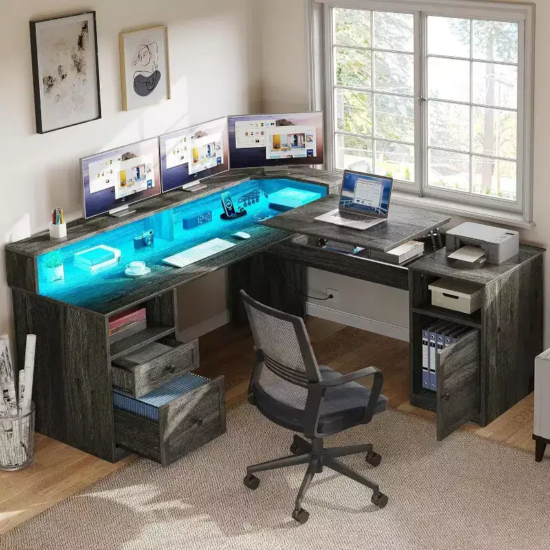 Balconera L Shaped Desk with Drawers 60inch Corner Computer Desk with Power Outlets & Lift Top with Storage Cabinet & LED Lights Grey